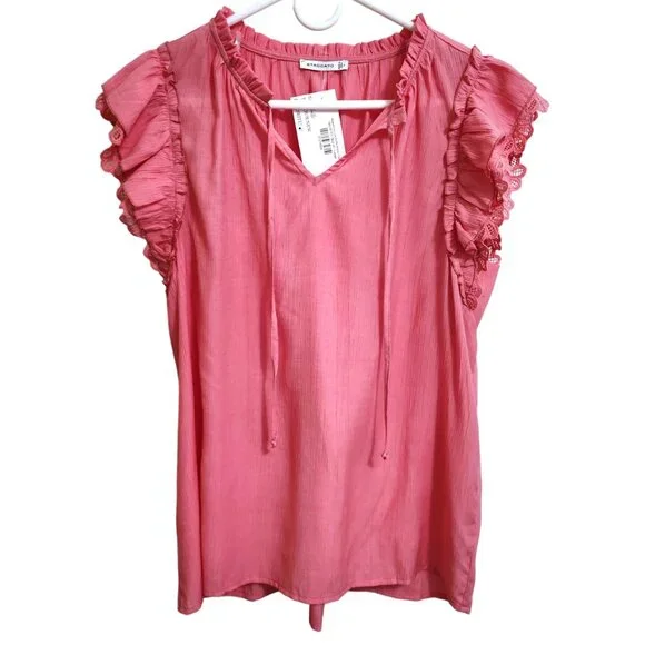 Staccato New Coral Pink Blouse Short Ruffled Sleeves Size L - Picture 1 of 15